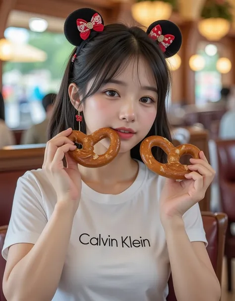 (Super cute busty Korean college girl is eating pretzels at a beautiful sunny Disneyland restaurant:1.2)(A carefree and innocent smile:1.2)(16k,  RAW photos ,  top quality,  Masterpiece: 1.2),( glossy black hair cute bun hair )  Super Detail,  super resolu...