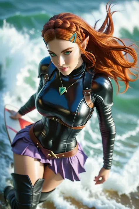 princess zelda, photoreaistic, fit, fair skin, (((long auburn hair))), green eyes, black eyeliner, (((perfect breasts))), pointy ears. Wearing (((black leather armor bodysuit)))((black thigh high boots))(((purple skirt))). Surfing on a wave. Wearing glowin...