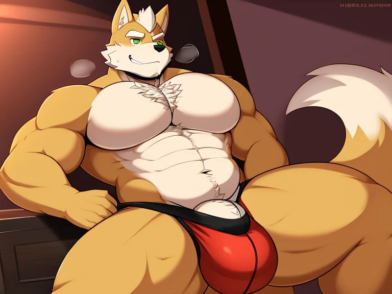 Fox Mccloud , big butt, jockstrap, back angle, ass focus, solo, fox tail, thick thighs, daddy, 5 fingers, sweat, musk, green eyes, masterpiece, big PECS, chest hair, navel hair, bulge, big bulge, masterpiece, mature male, manly, beefy, detailed bulge, deta...