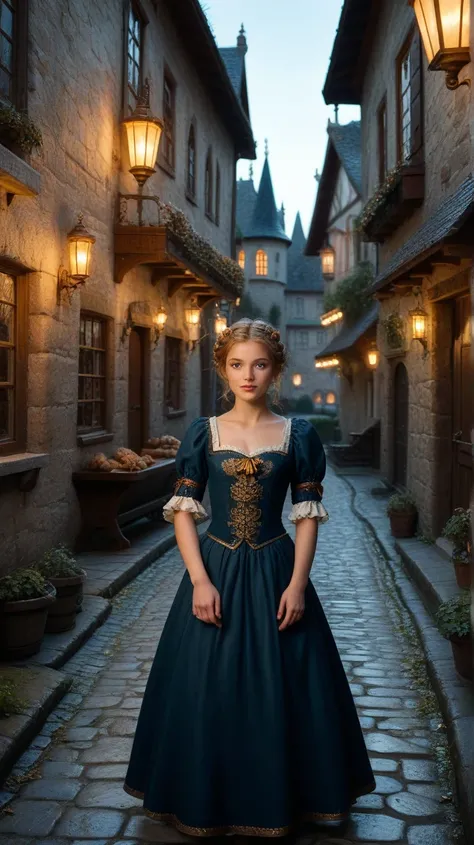 A medieval town inspired by the legends of Merlin, with cobblestone streets, charming wooden houses, and a grand castle in the misty background. The streets bustle with townsfolk in medieval clothing. In the foreground, a young girl in a simple dress holds...