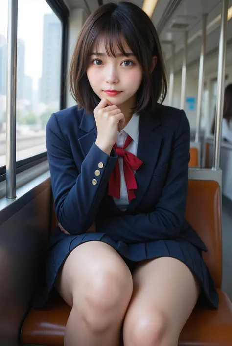 A hyper-realistic, photorealistic depiction of a Japanese high school girl loosely sitting on a train seat. She is wearing a traditional school uniform, including a navy-blue blazer, white shirt, pleated skirt, and a neatly tied red thick ribbon or bow. He...