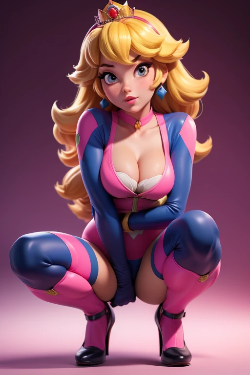 1girl, Princess Peach, floox, masterpiece, best quality, good quality, absurdres, newest, medium breasts, cleavage, bodysuit pink, seductive face, striped stockings, squatting 