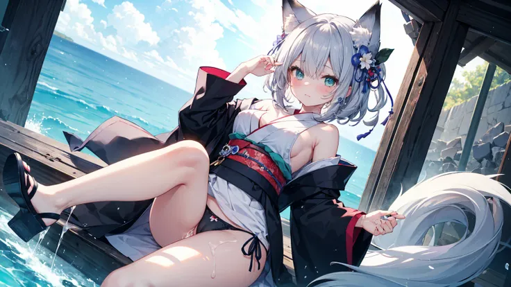  gray hair 、 illuminated by the dark 、 I had hair on one eye、summer、nipple,pussy,cream pie,sea、Ruins、 low angle、Cumulonimbus、 slender、open legs wide,((cum in pussy))、((embarrassed))、(panties aside)、 cute pose、Cool Personality、 boyish、July、 kimono、 fox ears...