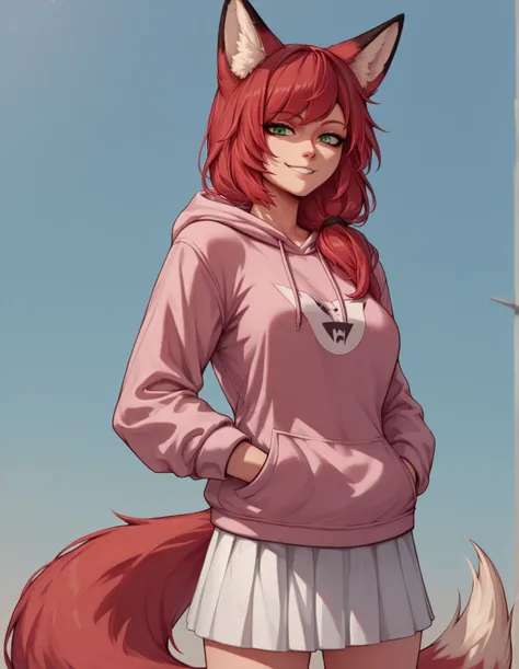 score_9, score_8_up, score_7_up, best quality, clear face, 1girl, solo, red hair, long hair, green eyes, medium breasts, outdoor, cowboy shot, looking at viewer, pink hoodie, white skirt, smile, fox ears, fox tail, hands in pockets 