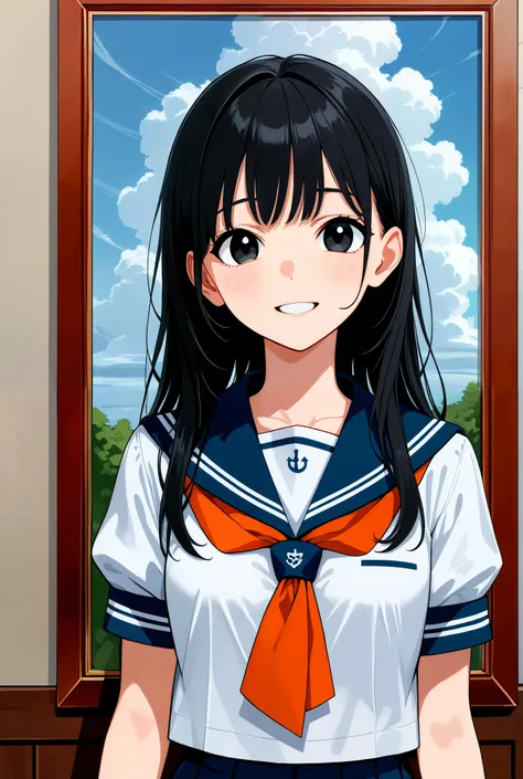  1girl , long hair, black hair, black eyes, sailor school uniform, standing picture,  smiles, whole body