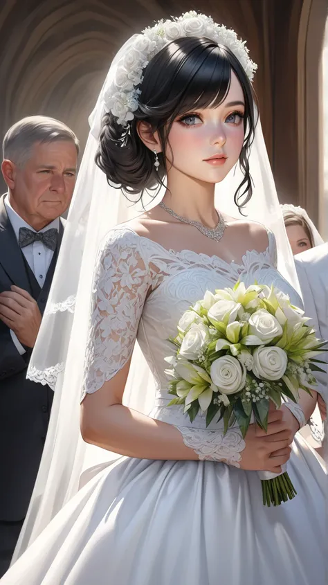    ultra-realism   ,   black hair,    The bride is wearing a colored dress at the wedding