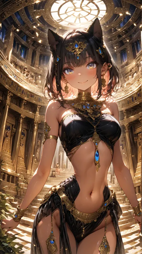 (( Masterpiece,  HD ,8k)),((  very detailed ,Perfect photo)),(  perfect anatomy), (( tarot cardsのデザイン)), tarot cards, black bob cut inside an Egyptian palace,（woman）,((womanのアヌビス)),  chest,belly button,(  tanned skin :1.3), beautiful eyes, droopy eyes ,  g...