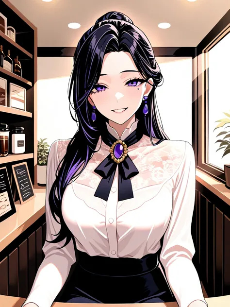 1girl, mature teacher, elegant lady, black beauty mark under left eye, beautiful, solo, white plain button blouse, see through blouse, brooch, ribbons, black hair, long hair in a bun, sitting down, curvaceous figure, smiling, pleasantly surprised, talking,...