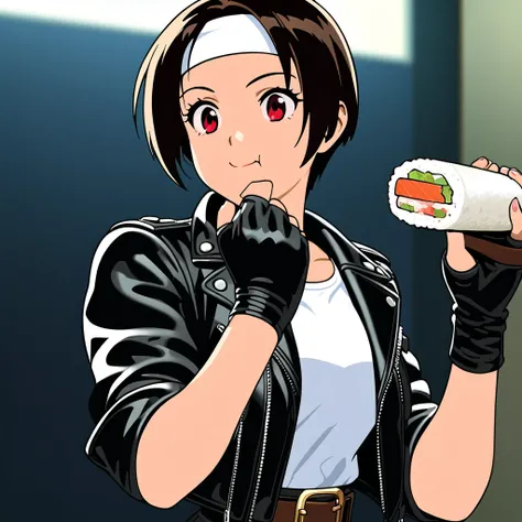 Masterpiece, Top Quality, Aesthetic, Flat Style, Red Eyes, Smile, Short Cut, Dark Hair, Brown Skin, Hair Accessories, ((Eating Sushi Rolls)), She is wearing ((black leather jacket with rolled up sleeves)), open jacket, black fingerless gloves, white T-shir...