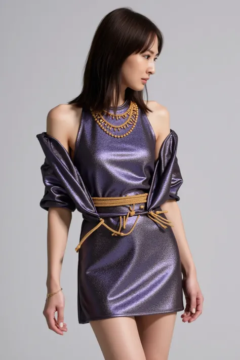  Photorealistic、 young woman, whole body、Attractive body lines、 long legs、Big Breasts、 brown hair,  thick brown hair,、blue-purple and golden metallic latex bodycon、 shiny metallic latex fabric、 Beautiful Gold Earrings ,  golden necklace 