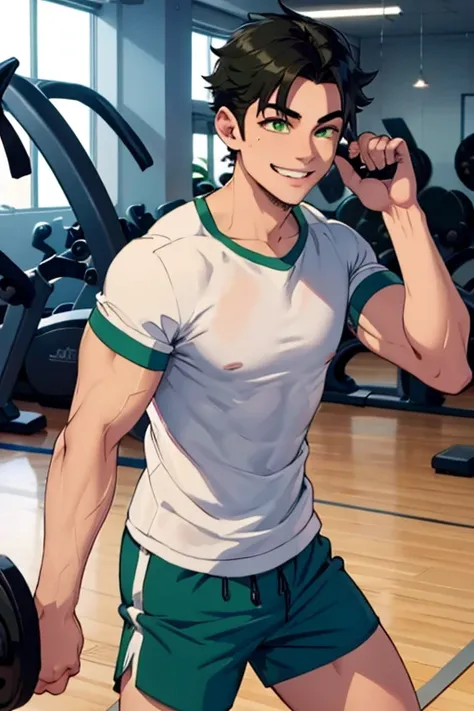 Perfect face. Perfect A black haired man with green eyes in t-shirt and shorts is smiling while working out in the gym