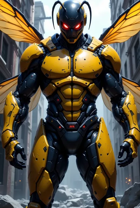  He designs a terrifying enemy inspired by a hornet ,  an imposing and lethal villain who confronts the hero in an epic battle .  This character has a muscular and robust figure ,  with biomechanical armor that mimics the body of a giant hornet .  His desi...