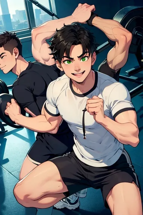 Perfect face. Perfect A black haired man with green eyes in t-shirt and shorts is smiling while working out in the gym