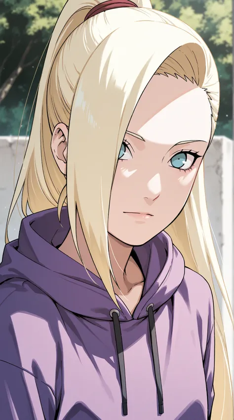 1girl, Solo, Ino Yamanaka\(Naruto Theme), Very Long Hair, Ponytail, Yellow Hair, Blue Eyes, Purple Hoodie, Outdoor, Looking at viewer, Upper body, Close-up, 