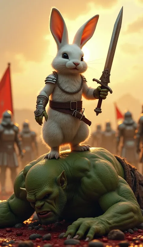 Show the victorious young white rabbit warrior standing over the defeated green orc. The rabbit, breathing heavily but still standing strong, holds its sword high, reflecting the glow of a setting sun. The massive orc lies on the ground, its weapon fallen ...