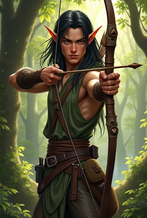 male wood elf ranger, archer. Copper skin, long black hair, hazel eyes