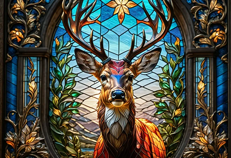 a cute deer in stained glass, 1 deer, stained glass, intricate pattern, high detail, colorful, radiant lighting, photorealistic, award winning, (best quality,4k,8k,highres,masterpiece:1.2),ultra-detailed,(realistic,photorealistic,photo-realistic:1.37),HDR,...