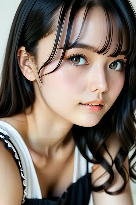 score_9, score_8_up, score_7_up, score_6_up, score_5_up, score_4_up, 1girl, (masterpiece, best quality:1.2), Cinematic photo, Japanese 18-year-old girl (semi long black hair, bangs reaching to her eyebrows, wavy hair, brown eyes, flat boobs), Complete Anat...