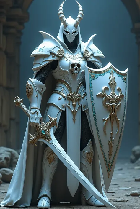 Create Devil May Cry  & Yu-Gi-Oh a shape-legged knight with pearlescent white armor with a skull in the middle of his chest with a pearly white helmet with two demonic horns holding a well-curved blade platinum plated with light blue runes with a pearly wh...