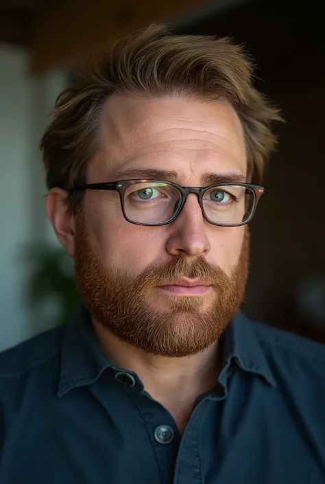 Take a picture of a 49-year-old programmer with greenish-gray eyes,with glasses, dark blond, medium-length hair, a gray-red middle beard, Caucasian skin tone, and Saxon origin!