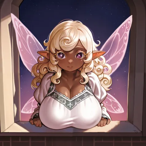 Plump, brown skin, pointed ears, fairy wings, thick blonde lashes, pink starry eyes, black curly hair with blonde streaks, windowsill, curvaceous, curvy, solo, medieval clothes, fantasy clothes, curvy, 