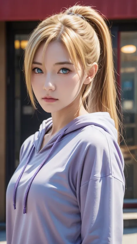 1girl, Solo, Ino Yamanaka\(Naruto Theme), Very Long Hair, Ponytail, Yellow Hair, Hair Over One Eye, Blue Eyes, Purple Hoodie, head tilt, Outdoor, Looking at viewer, Upper body, Realistic,