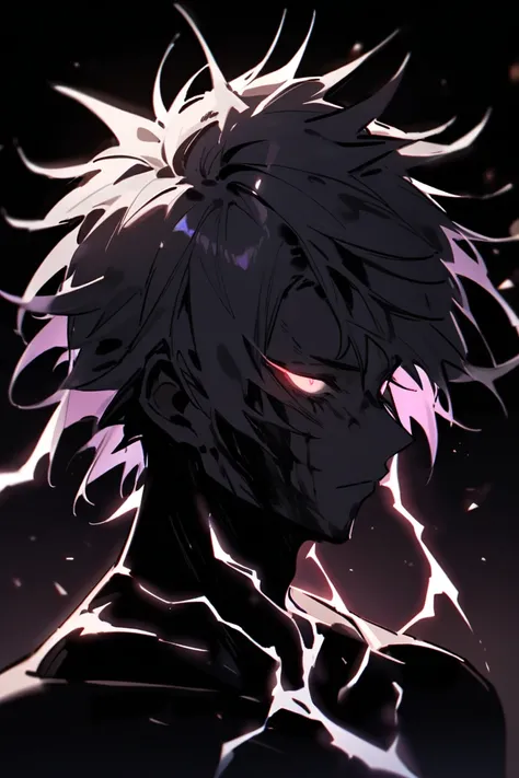 Dark portrait of a young man with lightning emitting from his body, white spiky hair, glowing eyes, dark background,