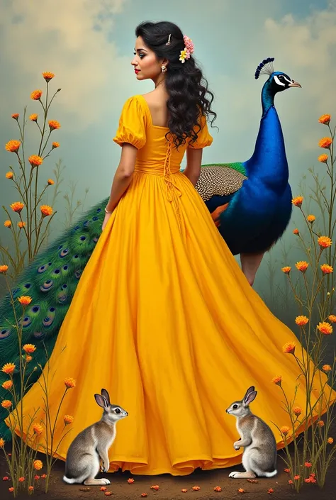 painting of a woman in a yellow dress with a peacock and rabbits, painting of beautiful, indian art, very beautiful photo, beautiful painting, beautiful digital art, goddess of love and peace, beautiful depiction, beautiful character painting, intricate be...