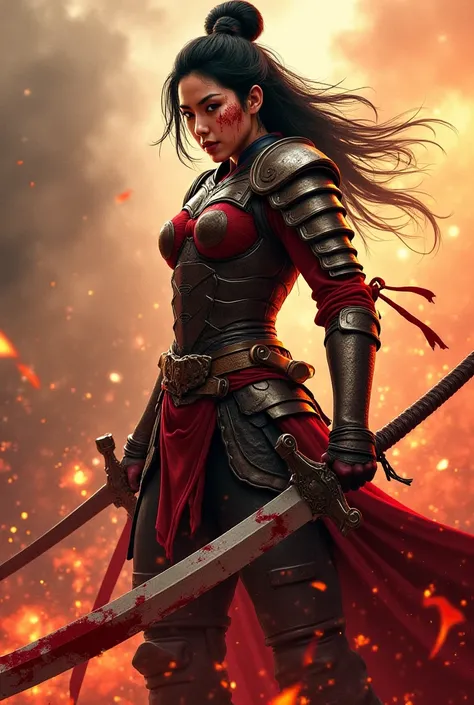 Vengeful Mulan – Mulan in bloodied battle armor, wielding a massive sword with red streaks on the blade. Her expression is an insane grin, her face smeared with war paint and battle scars.
