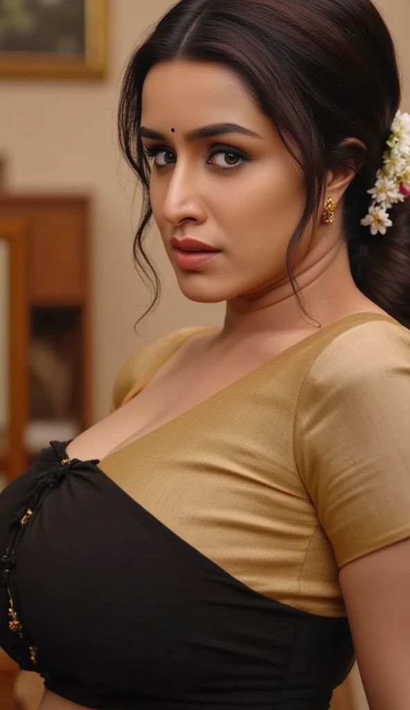 Pov camera view, Indian milf on her knees, looking at camera, with lust in her eyes, black hair tied around, flowers in head,sandal mark on forehead, sindhur on forehead (vermilion mark on forehead in the middle of hair partition,black saree , dark red lip...