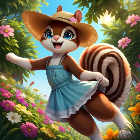 score_9, score_8_up, score_7_up, score_6_up, score_5_up, score_4_up, (((squirrel))), solo, (cute, feral:1.2), female, red fur, blue eyes, sun dress, sun hat, holding flower, garden, flowers, summer, (from above), (dutch angle:1.3), (dynamic pose), looking ...