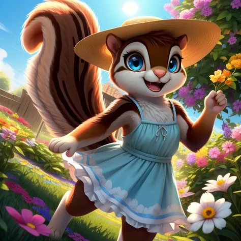 score_9, score_8_up, score_7_up, score_6_up, score_5_up, score_4_up, (((squirrel))), solo, (cute, feral:1.2), female, red fur, blue eyes, sun dress, sun hat, holding flower, garden, flowers, summer, (from above), (dutch angle:1.3), (dynamic pose), looking ...