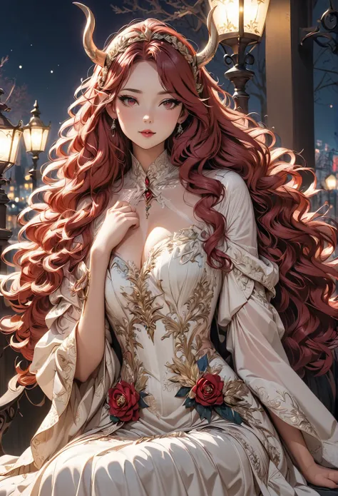  anime style, woman, elegant woman,  sitting on a bench,  fluffy hair, red hair, long haircut,  red eyes, Slim waise with normal hips, Has a red gem in the forehead, elf ears, looking at the camera, wearing a fantasy elegant dress, corsage, viking elegant ...