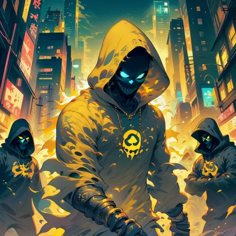 Ghost、[Scared、bodywear、Ghost、fight、battlefield、 Detailed city background,  yellow aura from the eyes,Detailed city background, big gold necklace,  is wearing a hoodie, 複数Human ghosts, ５Human ghosts