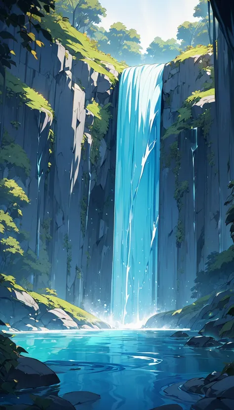 A waterfall, falling from a height and a blue river flowing beneath it. The image must be in the animation