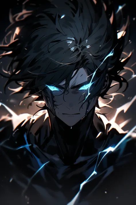 Dark portrait of a young man with lightning emitting from his body, white spiky hair, glowing eyes, dark background, bluish.