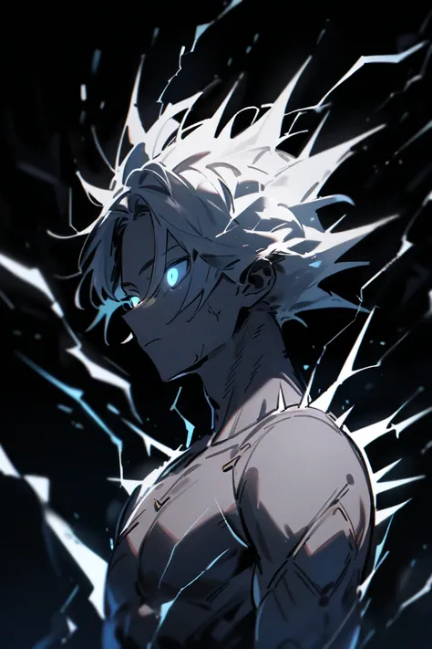 Dark portrait of a young man with lightning emitting from his body, white spiky hair, glowing eyes, dark background, bluish.