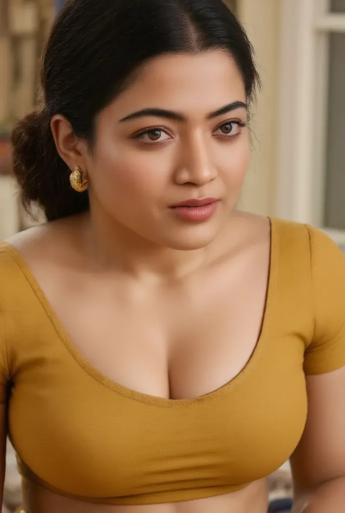 35 year old aunty well developed body   in a saree draped seducingly..... low neck front hook blouse, beautiful navel , waist fold, sweat visible, doing work in kitchen  , tired look on face, realistic ,hyper realism ,natural , iphone camera shot , full bo...