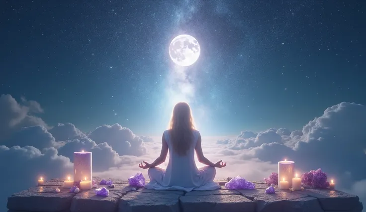  mystical and serene scene that portrays a spiritual journey and connection with the cosmos .  in the center of the image ,  an enlightened being in meditation ,  surrounded by an aura of softness ,  bright light.  The background is a starry sky ,  with a ...