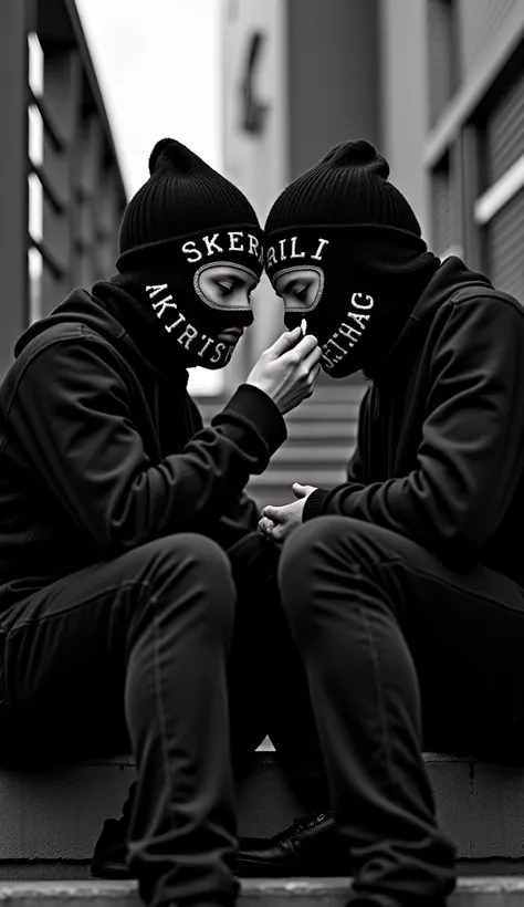 Create a dramatic black-and-white intimate artwork featuring two individuals wearing black knitted masks adorned with the words "SKERDI" and "GESHA" scene highlighting two figures seated on a staircase, both wearing ski masks—one white, one black. The pers...