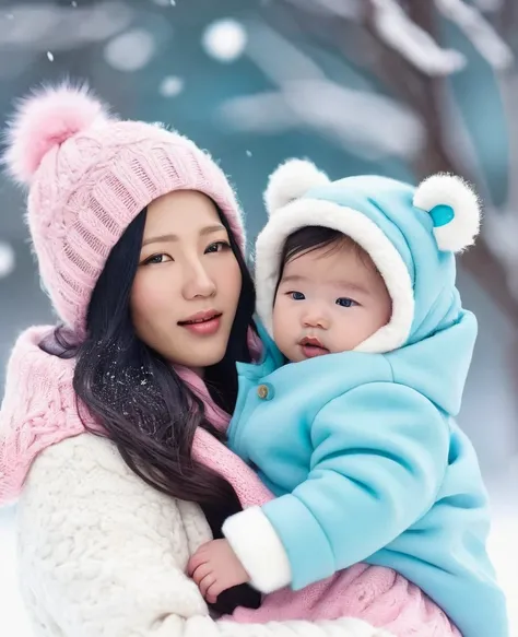 35-year-old woman with very cute Korean features delicate features ,  black-haired ,  turquoise eyes dressed in white winter clothes ,  carrying two sleeping babies, one dressed in winter clothes in blue bear and the other in winter clothes in pink bear,  ...