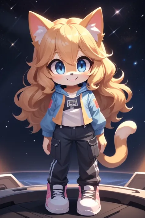 ((Highest quality，masterpiece，Extremely complex and exquisite details，A short girl with gray and blue cat ears and long hair is in the center，Gray blue super long straight hair，Curly hair at the ends，Sparse air bangs，Gray and pink T-shirt，Denim hooded crop...