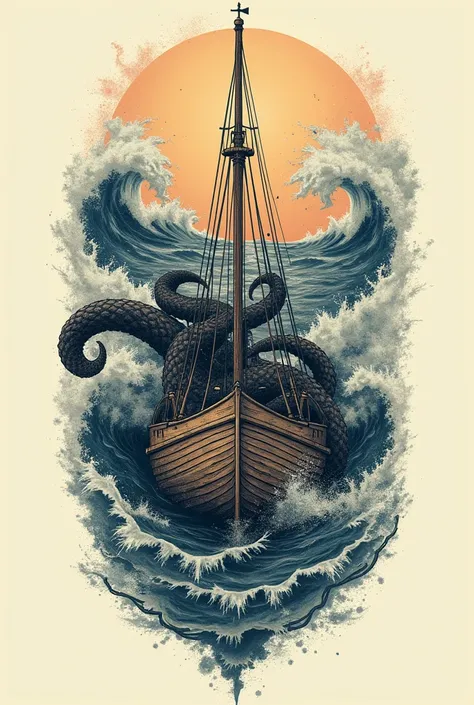  Scandinavian style, for tattoos ,boat on the waves,eaten by a kraken