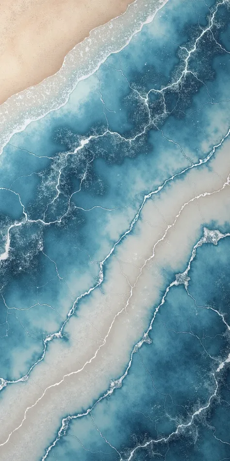 Prompt Corrigido (Veias Planas e Naturais):**  
*"A minimalist wallpaper featuring a highly detailed, ultra-realistic marble surface that artistically represents the ocean and the shore. The marble has a deep sea-blue base color with intricate, flat white ...