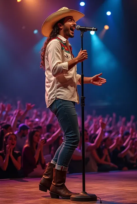 Imagam of a Sertanejo university singer, singing with a microphone 