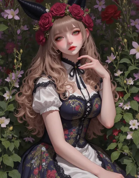 ( Masterpiece:1.3,  top quality :1.3,   Detailed Description  :1.3,  HD :1.3,  High Quality Anime Painting  ), ( alone:1.2),  in the seat\ princess、 Whipping:1,5,  Dress with images of young plants, bouquets and large leaves:1.3,  Flower crown:1.3,     Sof...