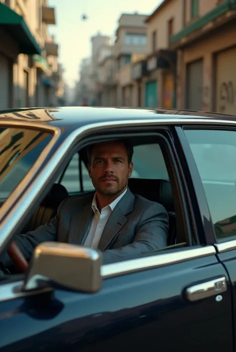 Man posing in a seat on a luxury car waiting for the passage of time in a disadvantaged neighborhood 