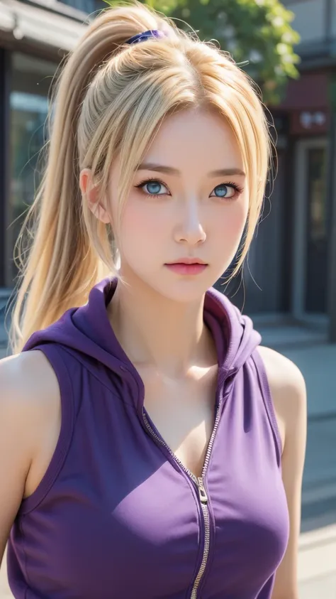 1girl, Solo, Ino Yamanaka\(Naruto Theme), Purple Hoodie, Yellow Hair, Very Long Hair, Hair Over One Eye,nPonytail, Blue Eyes, head tilt, Outdoor, Looking at viewer, Upper body, Realistic, Close-up 