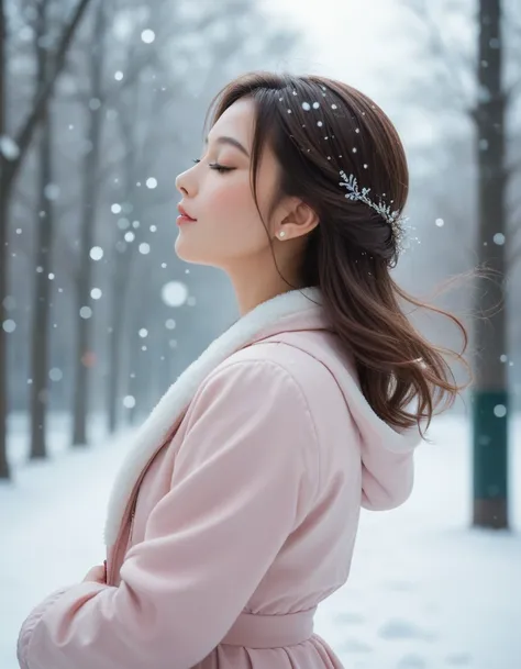   score_9_  up the side,   score_8_  up the side,   score_7_  up the side,   abstract,  1 Princess ,  dress、 alone,winter、 soft pastel color、white bokeh ,(Upper body close- up the side), woman walking along a tree-lined street where powder snow dances ,Fro...