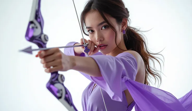 A beautiful young woman with beautiful eyes, smiling happily, using her eyes to aim and shoot an arrow, wearing a purple dress, the details of the bow are clear, modern, using high-quality white-purple titanium material, studio lights, realistic images, wh...